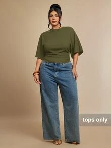 SHEIN BAE 大尺碼女款純色蝙蝠袖短袖休閒T恤 - 軍綠色 - 查看 7