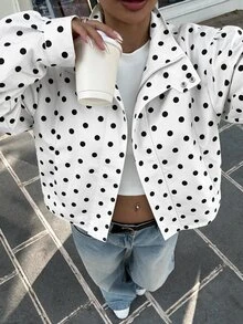 SHEIN EZwear 大尺碼女款波點休閒百搭日常長袖夾克 - 白色 - 查看 1