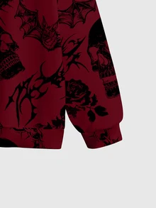 ROMWE Goth 街頭復古黑灰色骷髏刺棘暗黑植物棕櫚印花哥德風大尺碼套頭運動衫 - 紅色 - 查看 4