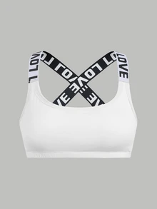 SHEIN 青少年女孩黑色灰色粉色英文字母編織帶拼接運動內衣 買1件送2件 - 卡其色 - 查看 9