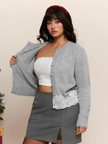 CovetEZ Autumn/Winter Lace Patchwork Contrast Color Round Neck Casual Plus Size Cardigan - Yellow - View 7
