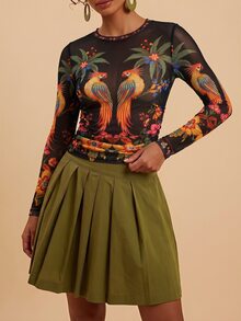 Travachic 女款棕櫚樹網紗圓領長袖修身性感上衣 - 彩色 - 查看 6