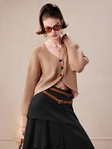 Barévion Women's Solid Color Drop Shoulder Long Sleeve Knit Cardigan - Apricot - View 6