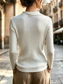 SHEIN Women's French Style Blazer Lapel Asymmetric Button Top, Ribbed Knit Luxury Gold Button Commuter Long Sleeve Sweater - Beige - View 3