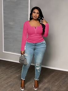 Slaydiva Plus Size Casual All-Match White Slim Fit With Deep U-Neck Long Sleeve T Shirt-C - Hot Pink - View 4
