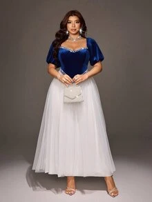 Viva Relle Vintage Elegant Runaway Princess Style Blue Velvet Rhinestone Waist-Cinching Full Skirt Tulle Evening Gown - Blue and White - View 2