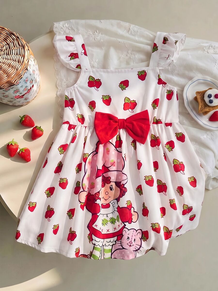 Strawberry Shortcake X SHEIN Young Girl Bow Decor Flutter Sleeve Dress - White - View 1