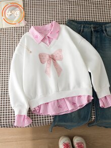 SHEIN Sparklyn Tween女孩大學休閒百搭通勤假兩件領口襯衫領運動衫，數字字母印花豹紋寬鬆版型 - 彩色 - 查看 3