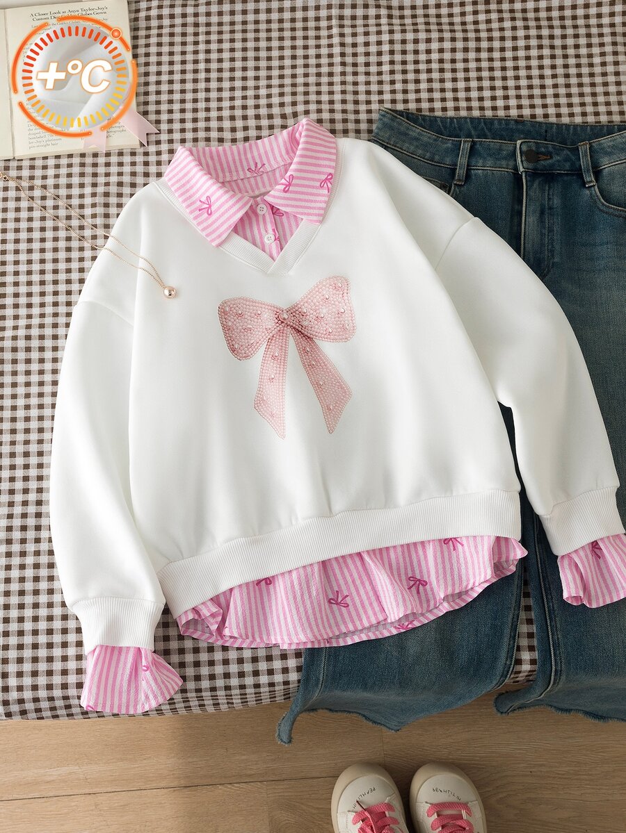 SHEIN Sparklyn Tween Girl) Sweatshirt, College Casual Versatile Commute, Faux Two Pieces Sweatshirt With Shirt Collar, Number Letter Print Leopard Pattern Loose Fit - Multicolor - View 1
