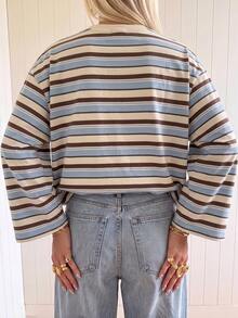 SHEIN EZwear 海外長袖條紋T恤，秋季上衣，適合日常通勤、聚會、秋冬/夏季、聖誕節、新年、感恩節、派對、婚禮、海灘、畢業典禮、優雅、外出、約會、通勤、情人節、優雅、度假、Y2K、畢業典禮及其他場合 - 彩色 - 查看 2