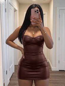 Slaydiva 女款純色PU皮革時尚修身掛脖迷你洋裝 - 鏽棕色 - 查看 7