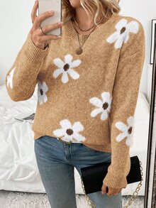 SHEIN Holidaya 女款休閒毛絨花卉圖案圓領落肩長袖秋冬針織套頭毛衣 - 彩色 - 查看 7
