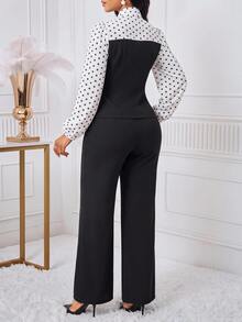 SHEIN Lady Women's Elegant 2 Pieces Set With Patchwork Polka Dot Pattern Tie Neck Blouse And Flare Pants - Black and White - View 2