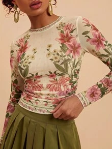 Travachic 女款花卉印花圓領長袖修身時尚上衣 - 彩色 - 查看 2
