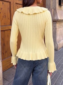 Lumivelle Ruffle Trim Knit Cardigan With Flared Sleeves For Autumn/Winter - Yellow - View 2