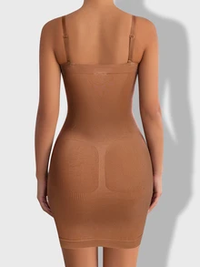SHEIN 1件女款素色休閒細肩帶緊身洋裝 - 棕色 - 查看 2