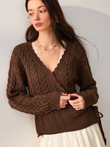 Willow Rêve Women's Brown Cable Knit Side Tie Waist Long Sleeve Cardigan - Coffee Brown - View 4