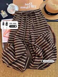 SHEIN CURVE+ Plus Size Summer Knit Striped Long Pants Fall - Brown - View 1