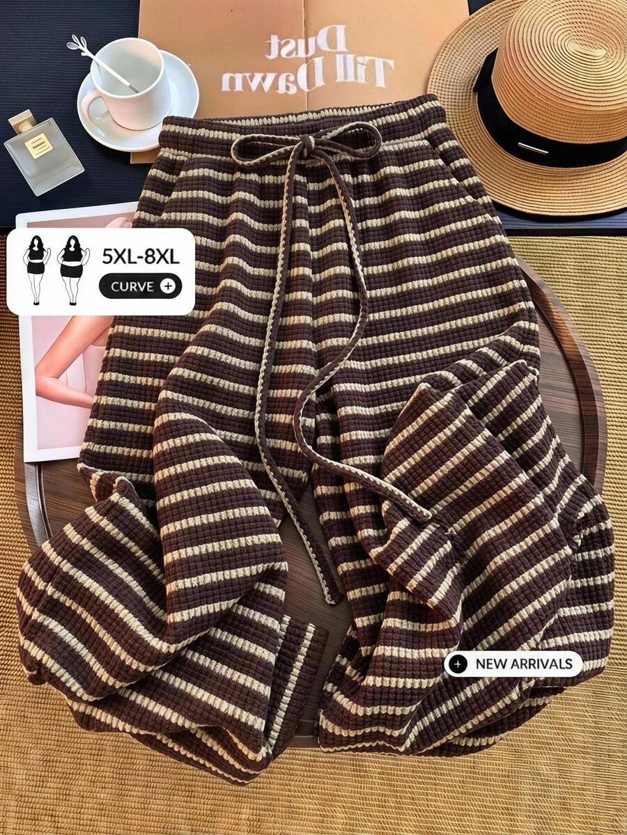 SHEIN CURVE+ Plus Size Summer Knit Striped Long Pants Fall - Brown - View 1