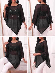 SHEIN Lady Women's Sequin Fashion Asymmetrical Hem Knit Top - Black - View 7