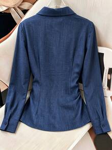 GlowEve Women's Solid Color Casual Versatile Daily Long Sleeve Shirt - Blue - View 2
