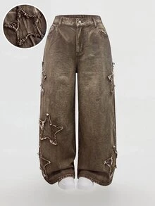 SHEIN MOD 大尺碼鈕扣口袋寬鬆拼接刺繡牛仔褲 - 棕色 - 查看 1