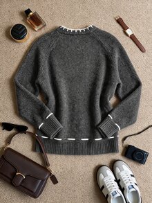 Grovea Autumn/Winter Plus Size Dark Gray Contrast White Stitch Trim Round Neck Front Button Raglan Knit Cardigan - Dark Grey - View 2