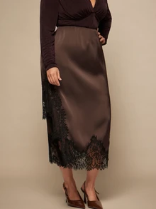 SHEIN BAE CURVE Plus Size Women's Brown Satin Lace Patchwork Skirt - Brown - View 3