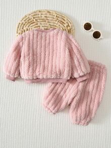 SHEIN Newborn Cute Cartoon Pattern Fluffy Sweatshirt And Elastic Waist Long Pants Set - Pink - View 10