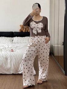 Napfluff CURVE Napfluff CURVE Plus Size Cute Bow Design Long Sleeve Crew Neck Pajama Top + All-Over Heart Print Long Pants Set - Brown - View 3