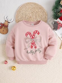 SHEIN 女童聖誕粉色糖果蝴蝶結圖案印花厚款圓領長袖運動衫，親子套裝 - 粉色 - 查看 2
