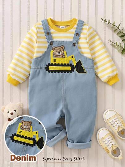 Cozy Pixies Baby Boy Striped Crew Neck Sweatshirt And Cartoon Bear Embroidered Denim Overalls Casual Set