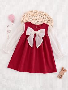 SHEIN Babygirl Cute Casual Colorblock Red Bow Long Sleeve Dress - Red - View 4