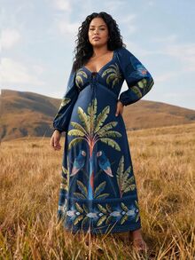 CAJUNI Plus Size Women's Vacation Palm Tree Print Front Tie Long Sleeve Elegant Dress - Blue - View 3