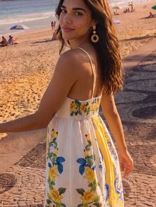 CAJUNI Women's Yellow Floral Print Casual Spaghetti Strap Vacation Dress,Vacation Outfits For Women - Yellow - View 1