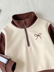 SHEIN 2件組少女運動上衣+運動長褲套裝，可愛米色/棕色蝴蝶結刺繡條紋裝飾半拉鍊長袖立領修身款，返校秋季風格 - 棕色 - 查看 8