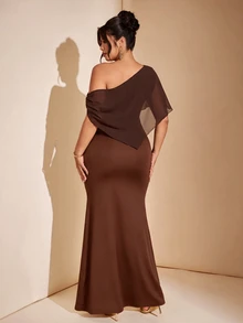 Cravure Plus Size One Shoulder Sheer Cape Draped Slim Fit Mermaid Maxi Elegant Formal Party Dress - Brown - View 2