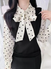 FRIFUL Women's Autumn Patchwork Polka Dot Collar Bowknot Waist Short Dress - Black - View 3