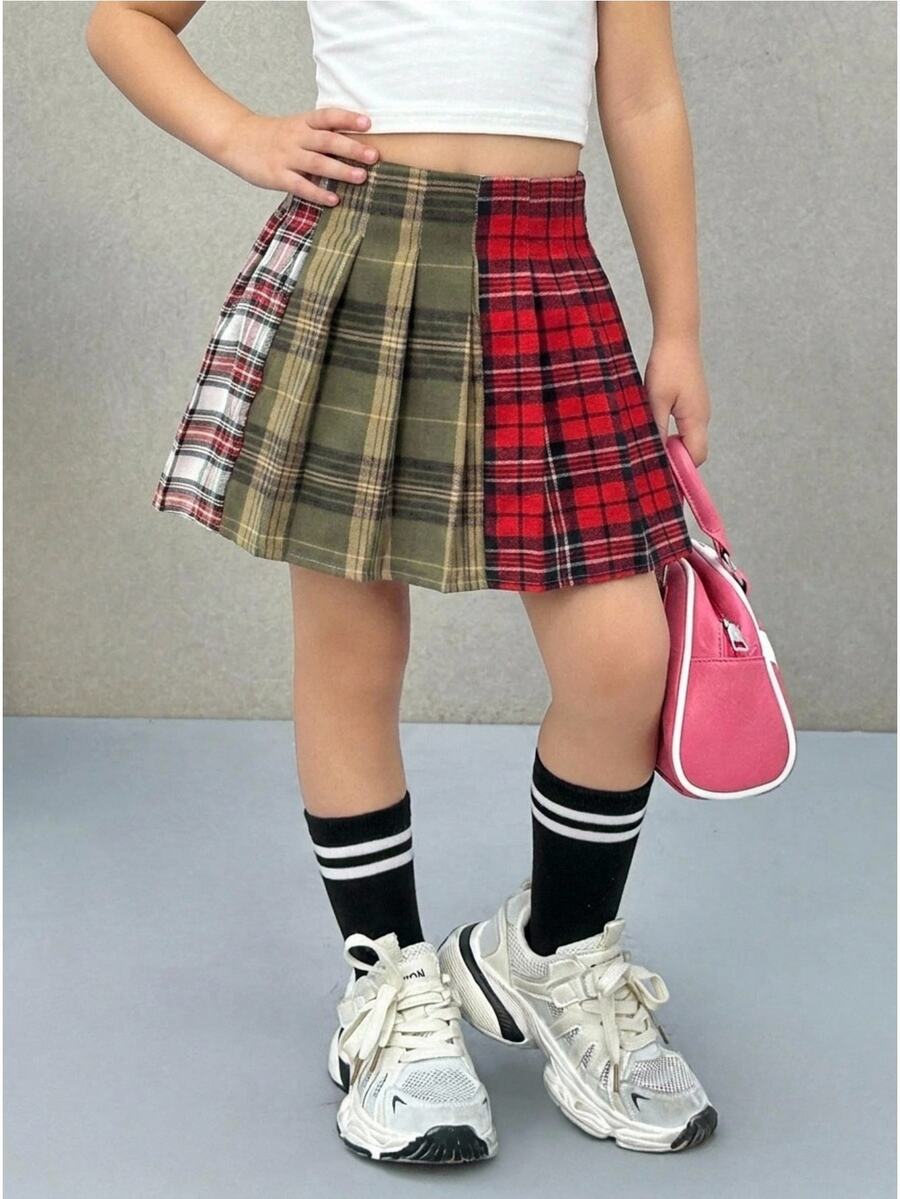 SHEIN Young Girl 紅色與白色格紋百褶迷你休閒洋裝,可愛秋季返校親子套裝,萬聖節與聖誕派對適用 - 彩色 - 查看 1