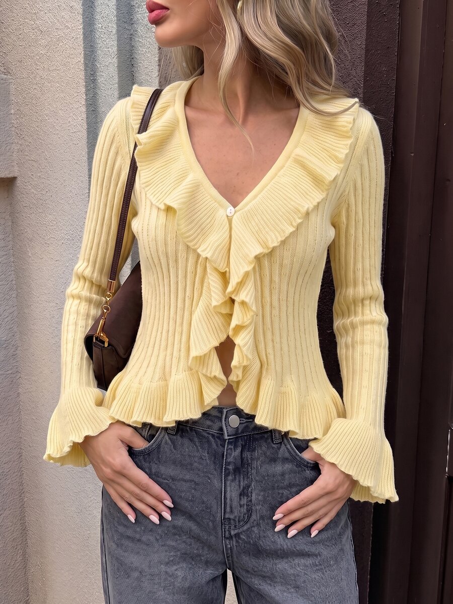 SHEIN PariChic Women's V-Neck Ruffle Trim Rib Knit Cardigan, Fall Autumn Winter Yellow Flare Long Sleeve Slim Cropped Top, Boho Streetwear Going Out Vacation Sweater - Yellow - View 1