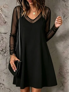 SHEIN LUNE Women's Solid Color Contrast Mesh V-Neck Long Sleeve Loose Fit Dress Halloween Night Black Autumn Sexy Goth Going Out - Black - View 3