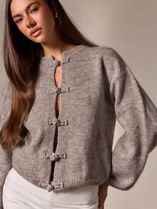 Athîral Cardigan Rajut Kasual Wanita Warna Polos dengan Desain Kancing Katak - Coklat - View 1