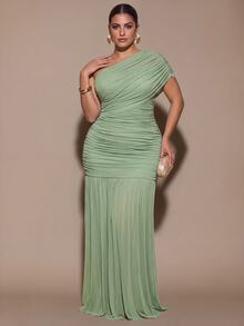 SHEIN BAE CURVE Plus Size Women's Green Asymmetrical Shoulder Pleated Dress - Green - View 4