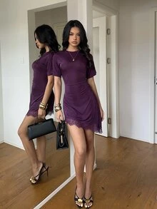 Aloruh 女款優雅紫色蕾絲拼接浪漫復古洋裝，適合秋季 - 紫色 - 查看 6