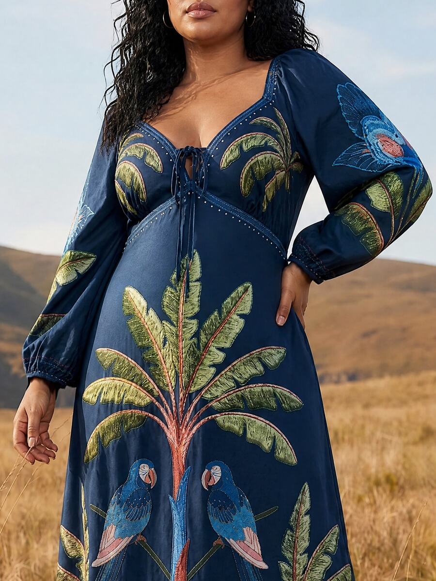 CAJUNI Plus Size Women's Vacation Palm Tree Print Front Tie Long Sleeve Elegant Dress - Blue - View 1