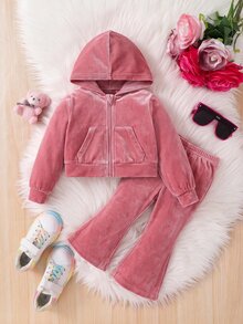 SHEIN 女嬰天鵝絨刺繡連帽拉鍊秋季外套與休閒喇叭褲，冬季加厚款 - 粉色 - 查看 2