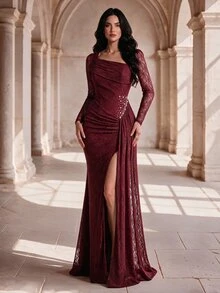 Coutiva Gaun Mermaid Mewah Elegan dengan Renda Elastis Transparan dan Lipatan Samping, Cocok untuk Pernikahan, Pesta, dan Acara Formal. - Burgundy - View 5