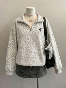 SHEIN EZwear 秋季新款復古做舊老錢風豹紋圖案灰色寬鬆半拉鍊高領薄款運動衫套頭衫，秋季上衣，適合日常通勤、聚會、秋冬/夏季、聖誕節、新年、感恩節、派對、婚禮、海灘、畢業典禮、優雅、出遊、約會、通勤、情人節、優雅、度假 - 灰色 - 查看 6