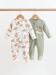 SHEIN 兒童 2件組 新生兒可愛卡通圖案長袖居家連身衣 - 綠色 - 查看 8