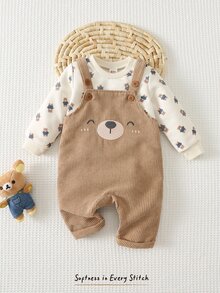 Cozy Pixies 2件組新生兒嬰兒休閒日常舒適熊圖案圓領長袖上衣與刺繡燈芯絨長袖吊帶褲套裝 - 卡其色 - 查看 8